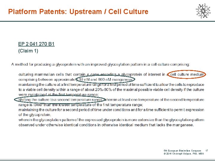 Platform Patents: Upstream / Cell Culture EP 2 041 270 B 1 (Claim 1)