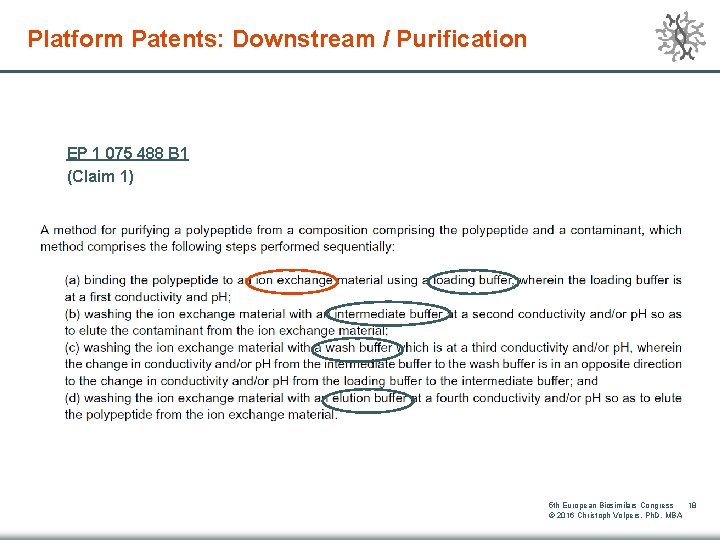 Platform Patents: Downstream / Purification EP 1 075 488 B 1 (Claim 1) 5