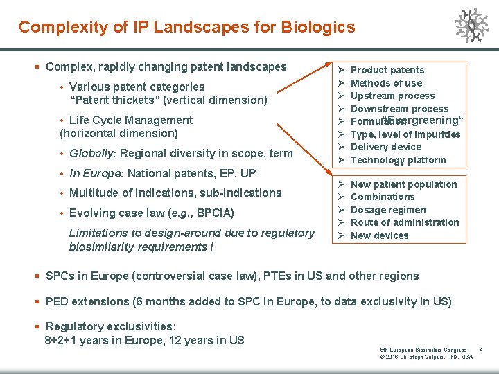 Complexity of IP Landscapes for Biologics § Complex, rapidly changing patent landscapes • Various