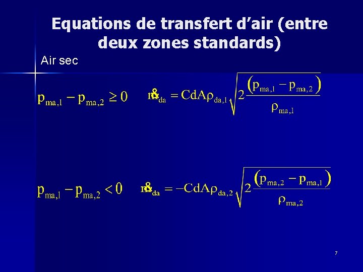 Equations de transfert d’air (entre deux zones standards) Air sec 7 