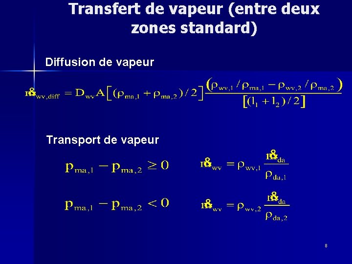 Transfert de vapeur (entre deux zones standard) Diffusion de vapeur Transport de vapeur 8