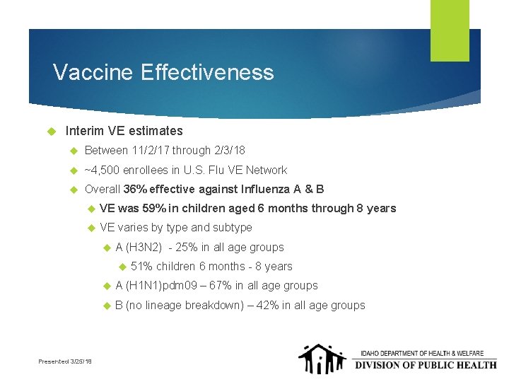 Vaccine Effectiveness Interim VE estimates Between 11/2/17 through 2/3/18 ~4, 500 enrollees in U.