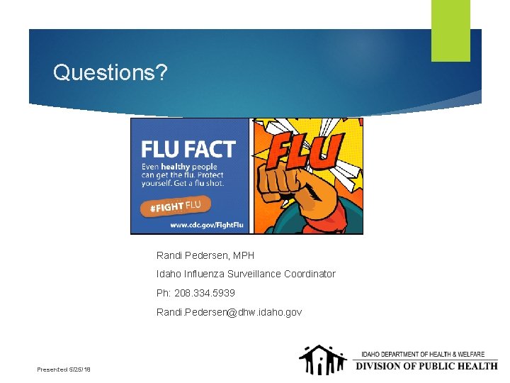 Questions? Randi Pedersen, MPH Idaho Influenza Surveillance Coordinator Ph: 208. 334. 5939 Randi. Pedersen@dhw.