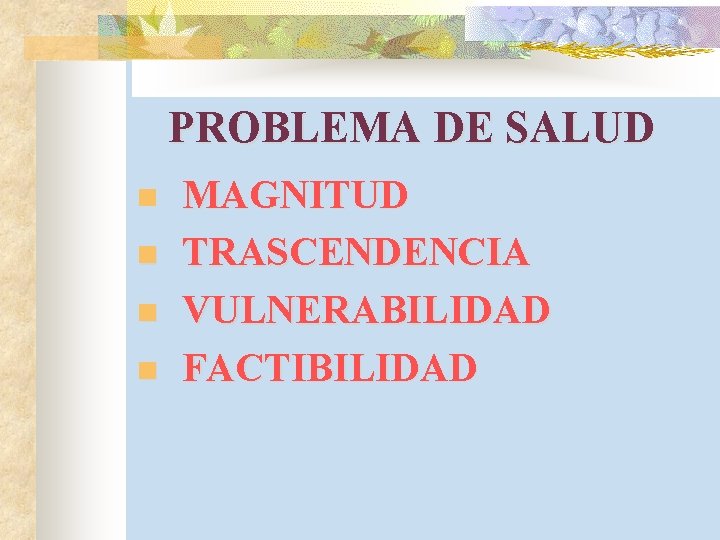  PROBLEMA DE SALUD MAGNITUD n TRASCENDENCIA n VULNERABILIDAD n FACTIBILIDAD n 