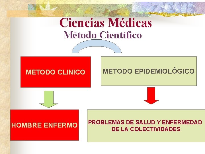  Ciencias Médicas Método Científico METODO CLINICO HOMBRE ENFERMO METODO EPIDEMIOLÓGICO PROBLEMAS DE SALUD