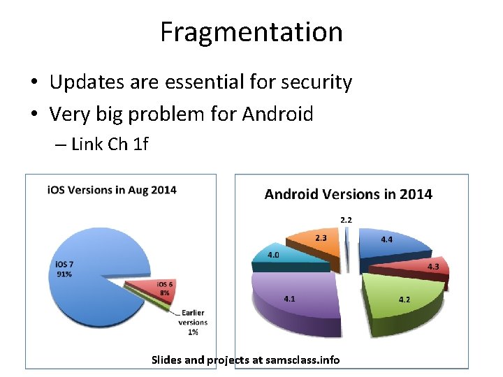 Fragmentation • Updates are essential for security • Very big problem for Android –