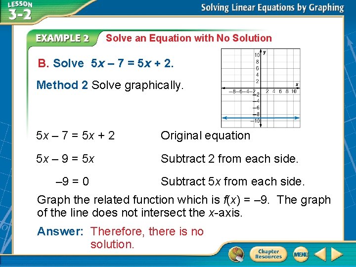 Solve an Equation with No Solution B. Solve 5 x – 7 = 5