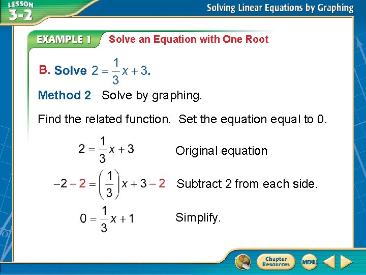 Solve an Equation with One Root B. Method 2 Solve by graphing. Find the