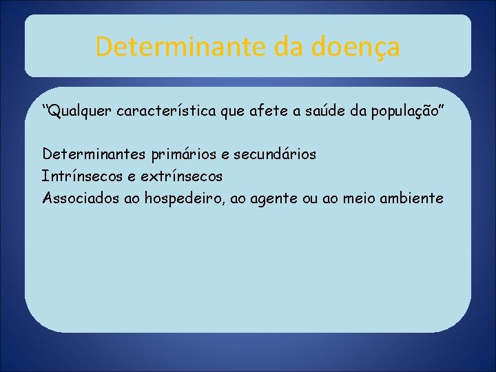 Determinante da doença “Qualquer característica que afete a saúde da população” Determinantes primários e