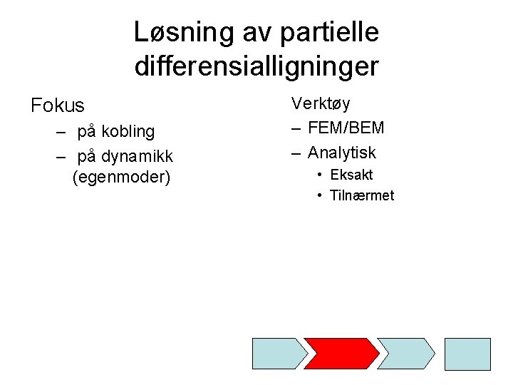 Løsning av partielle differensialligninger Fokus – på kobling – på dynamikk (egenmoder) Verktøy –