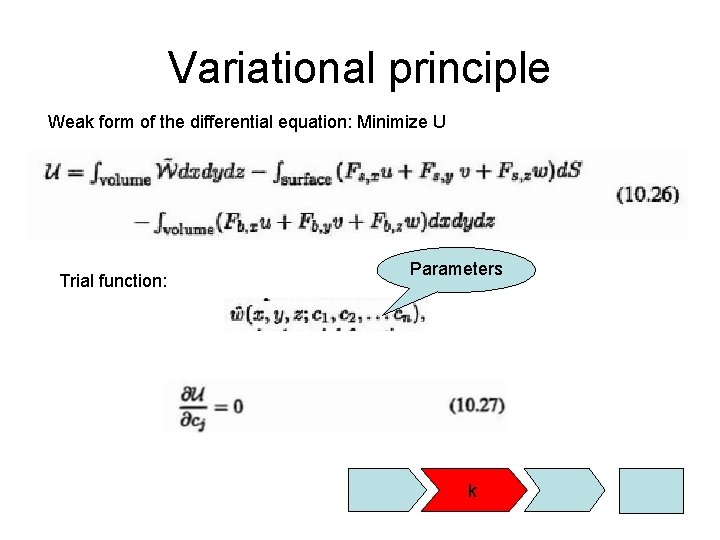 Variational principle Weak form of the differential equation: Minimize U Trial function: Parameters k