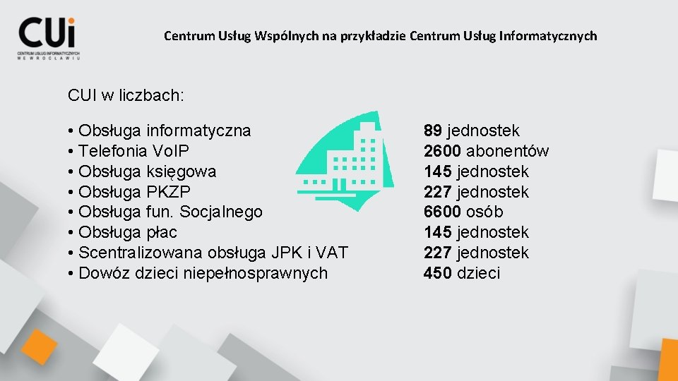 Centrum Usług Wspólnych na przykładzie Centrum Usług Informatycznych CUI w liczbach: • Obsługa informatyczna