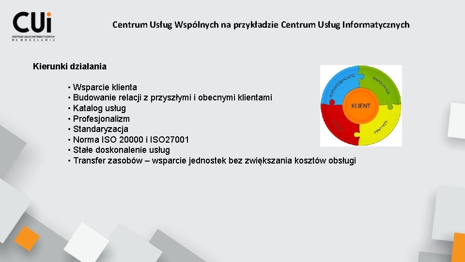 Centrum Usług Wspólnych na przykładzie Centrum Usług Informatycznych Kierunki działania • Wsparcie klienta •