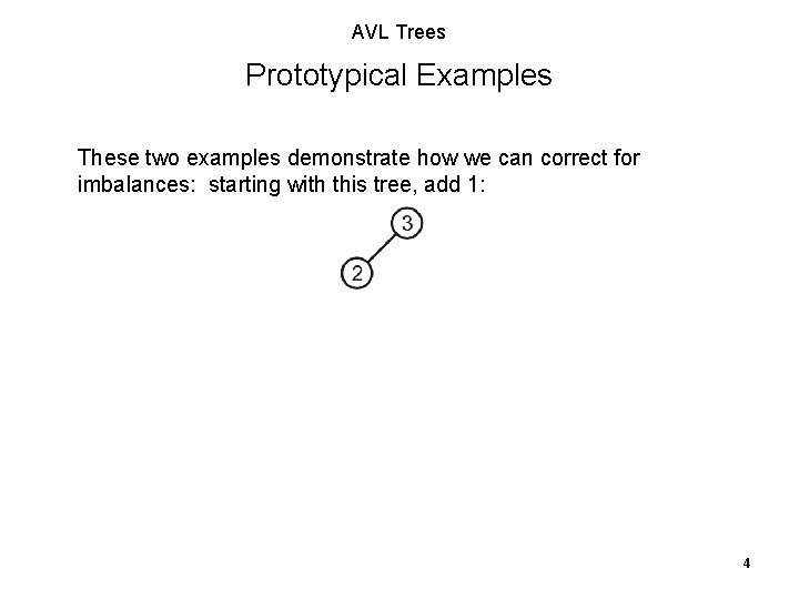 AVL Trees Prototypical Examples These two examples demonstrate how we can correct for imbalances: AVL Trees Prototypical Examples These two examples demonstrate how we can correct for imbalances: