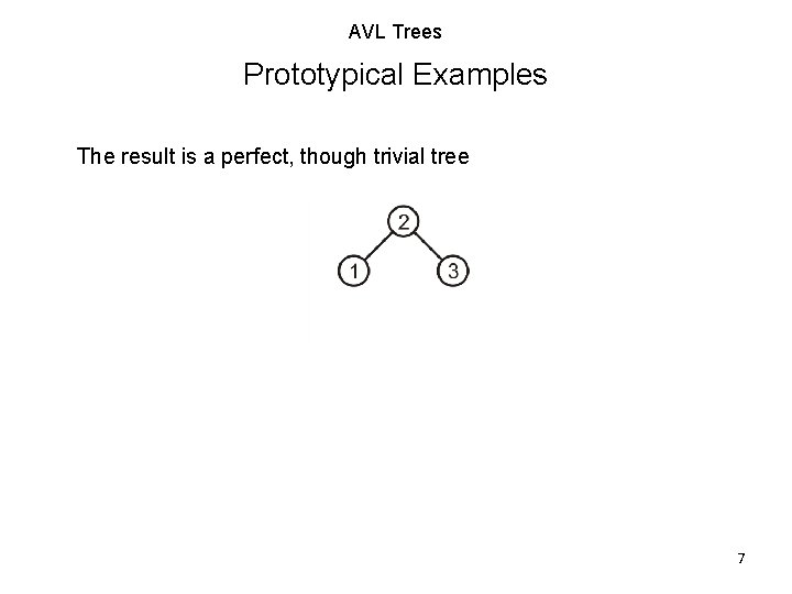 AVL Trees Prototypical Examples The result is a perfect, though trivial tree 7 AVL Trees Prototypical Examples The result is a perfect, though trivial tree 7