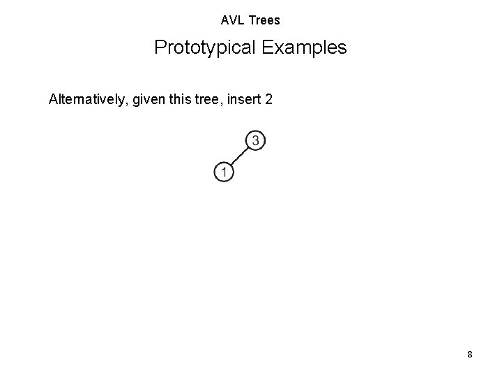 AVL Trees Prototypical Examples Alternatively, given this tree, insert 2 8 AVL Trees Prototypical Examples Alternatively, given this tree, insert 2 8