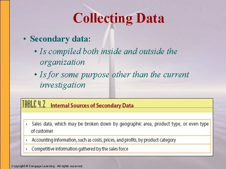 Collecting Data • Secondary data: • Is compiled both inside and outside the organization