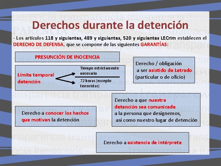 Derechos durante la detención - Los artículos 118 y siguientes, 489 y siguientes, 520 Derechos durante la detención - Los artículos 118 y siguientes, 489 y siguientes, 520