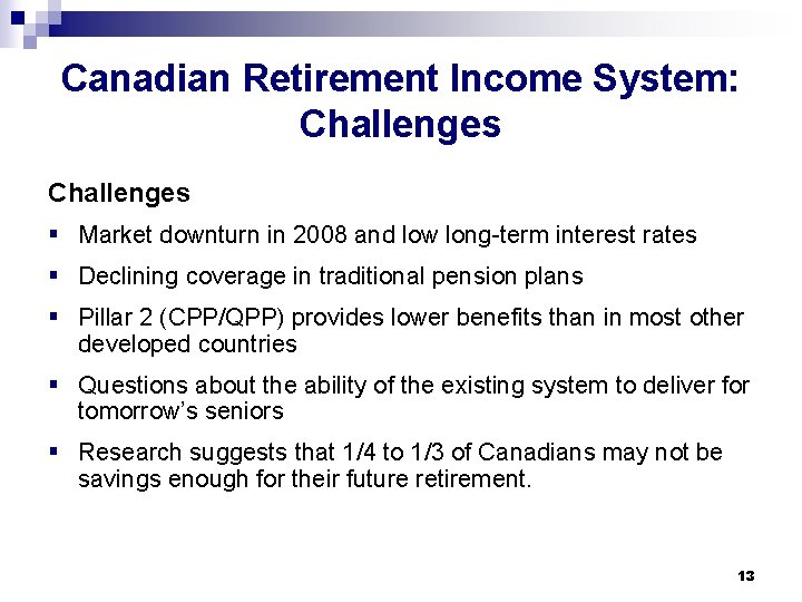 Canadian Retirement Income System: Challenges § Market downturn in 2008 and low long-term interest