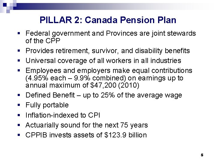 PILLAR 2: Canada Pension Plan § Federal government and Provinces are joint stewards of