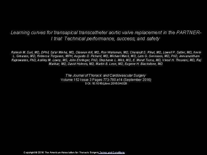 Learning curves for transapical transcatheter aortic valve replacement in the PARTNERI trial: Technical performance,