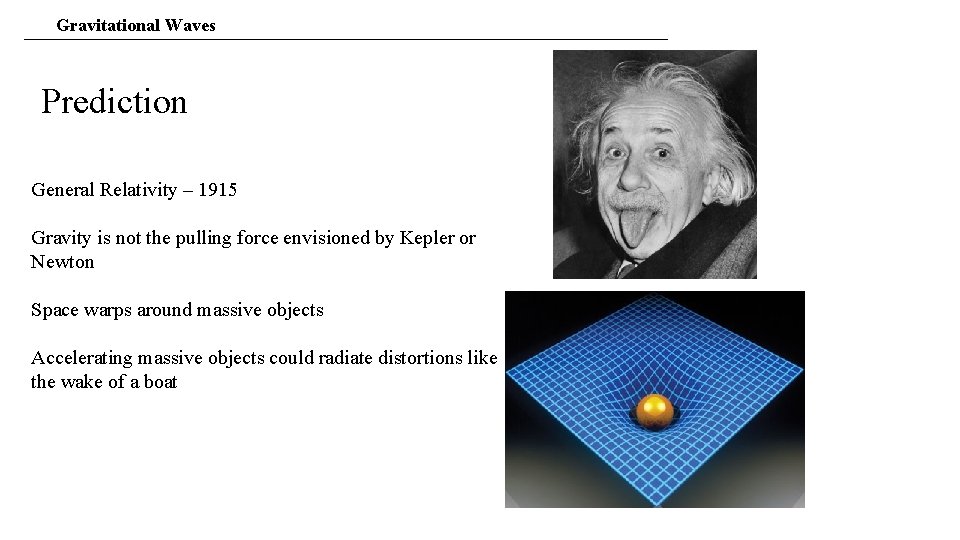 Gravitational Waves Prediction General Relativity – 1915 Gravity is not the pulling force envisioned