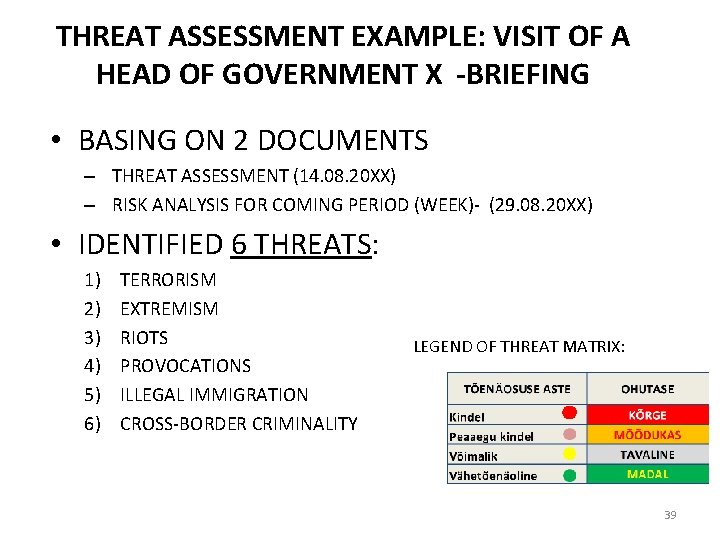 THREAT ASSESSMENT EXAMPLE: VISIT OF A HEAD OF GOVERNMENT X -BRIEFING • BASING ON