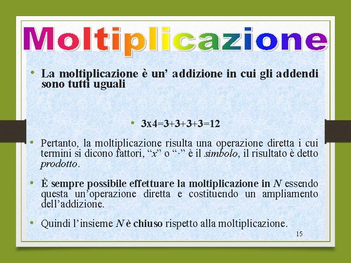  • La moltiplicazione è un’ addizione in cui gli addendi sono tutti uguali