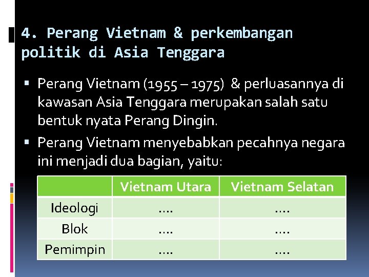 4. Perang Vietnam & perkembangan politik di Asia Tenggara Perang Vietnam (1955 – 1975)