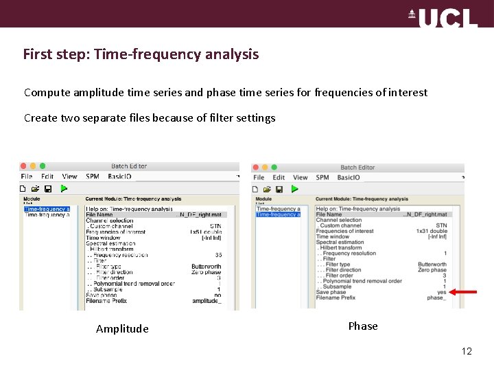 First step: Time-frequency analysis Compute amplitude time series and phase time series for frequencies