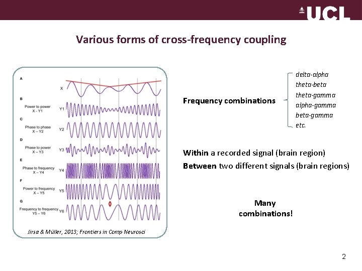 Various forms of cross-frequency coupling Frequency combinations delta-alpha theta-beta theta-gamma alpha-gamma beta-gamma etc. Within