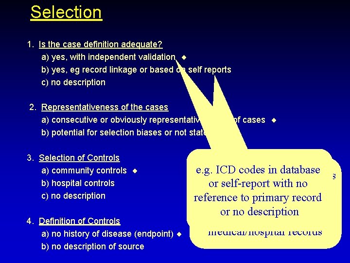 Selection 1. Is the case definition adequate? a) yes, with independent validation b) yes,