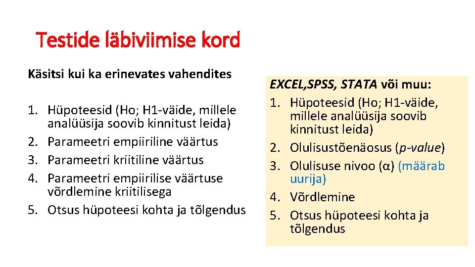 Testide läbiviimise kord Käsitsi kui ka erinevates vahendites 1. Hüpoteesid (Ho; H 1 -väide,