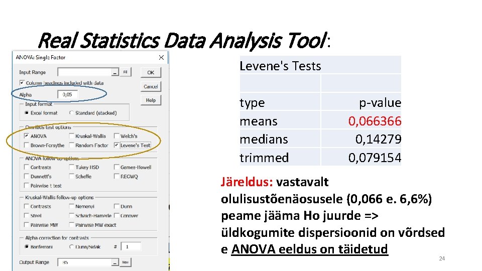 Real Statistics Data Analysis Tool : Levene's Tests type means medians trimmed p-value 0,