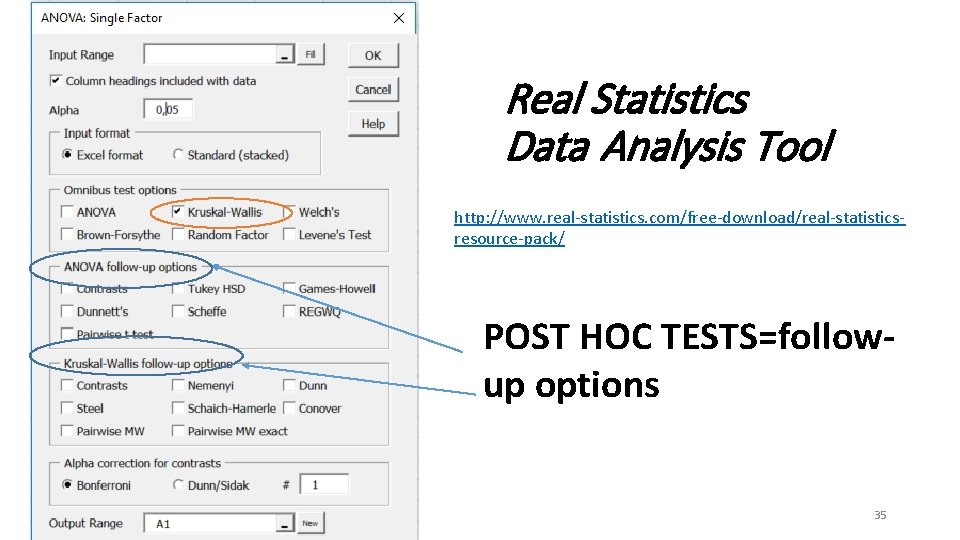 Real Statistics Data Analysis Tool http: //www. real-statistics. com/free-download/real-statisticsresource-pack/ POST HOC TESTS=followup options 35