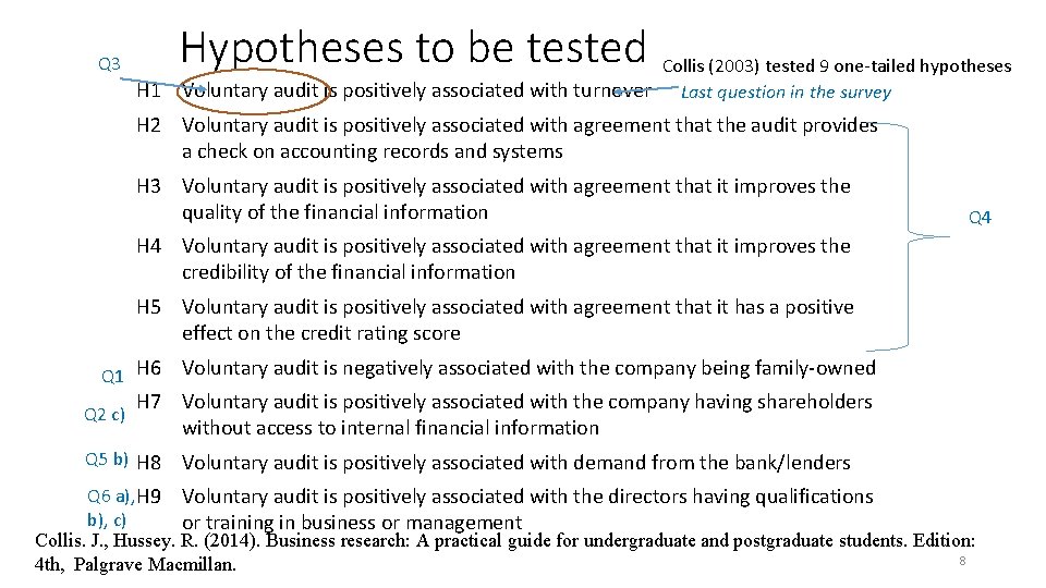 Hypotheses to be tested Collis (2003) tested 9 one-tailed hypotheses Q 3 H 1