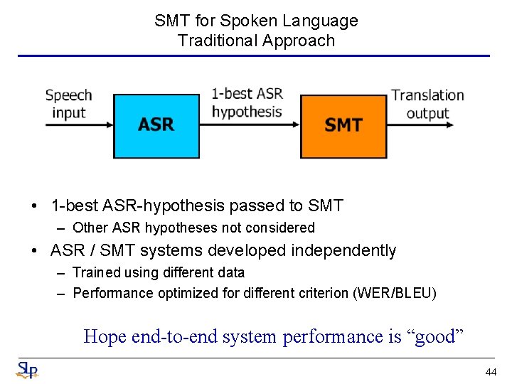 SMT for Spoken Language Traditional Approach • 1 -best ASR-hypothesis passed to SMT – SMT for Spoken Language Traditional Approach • 1 -best ASR-hypothesis passed to SMT –