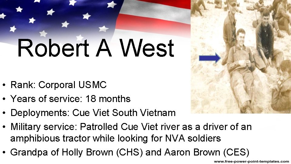 Robert A West • • Rank: Corporal USMC Years of service: 18 months Deployments: