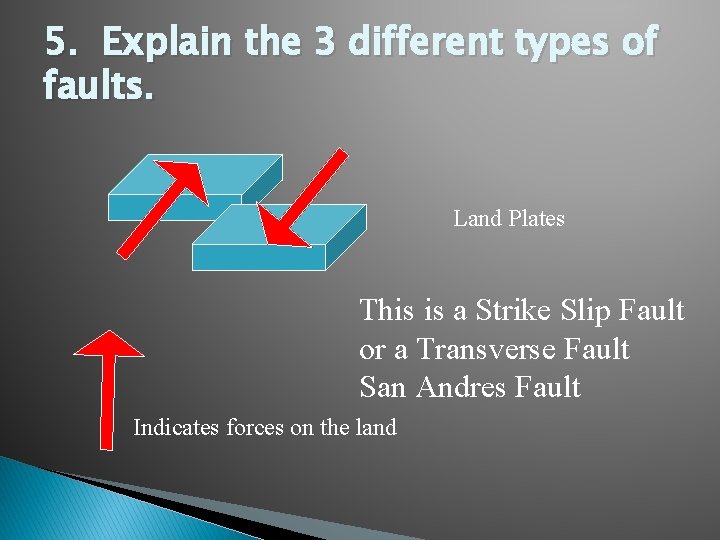 5. Explain the 3 different types of faults. Land Plates This is a Strike