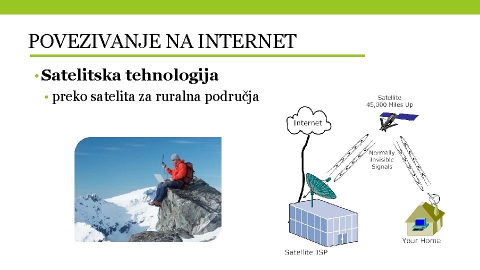 POVEZIVANJE NA INTERNET • Satelitska tehnologija • preko satelita za ruralna područja 