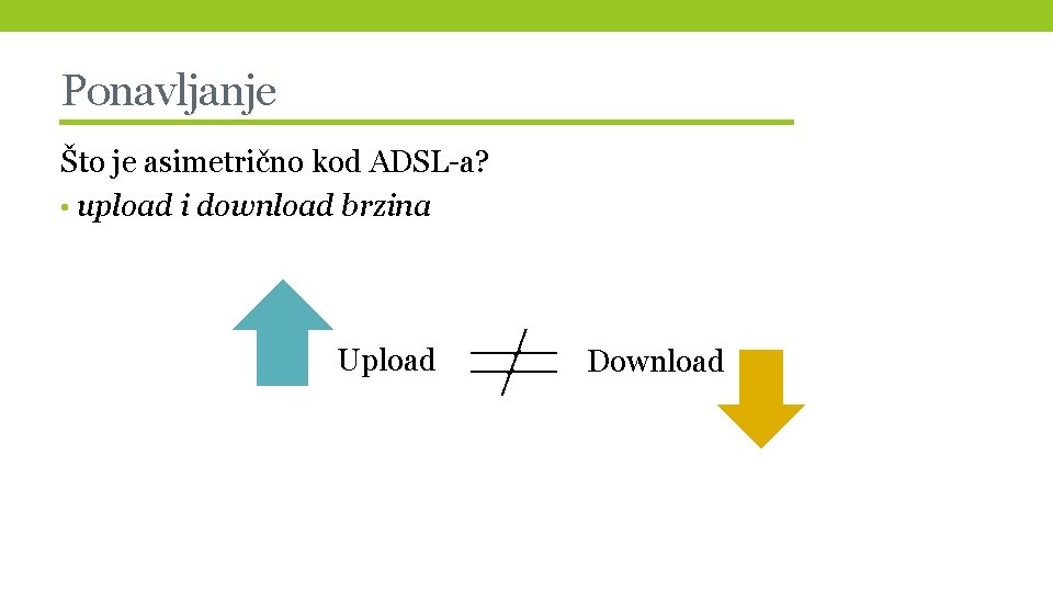 Ponavljanje Što je asimetrično kod ADSL-a? • upload i download brzina Upload Download 