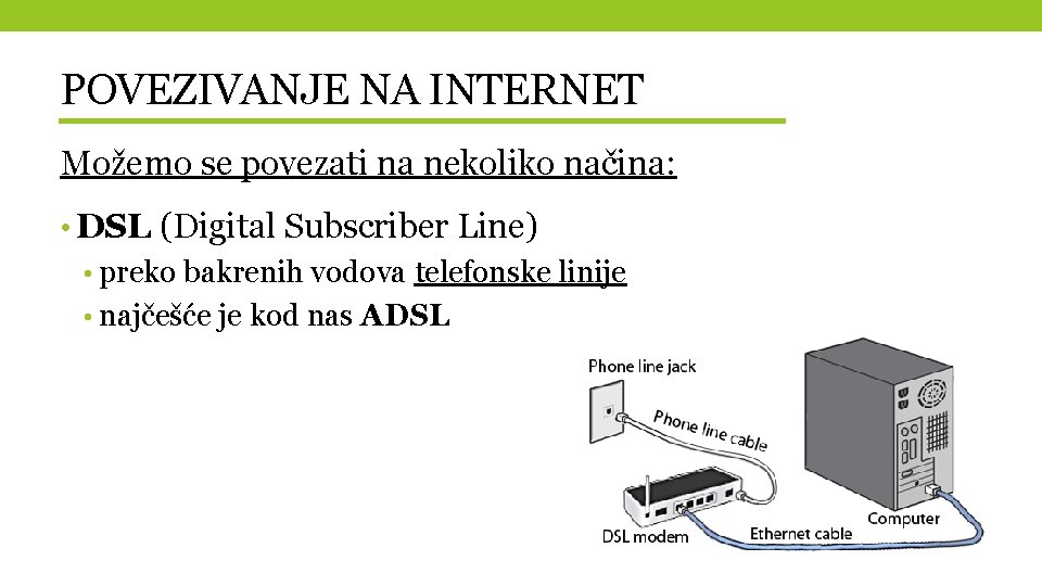 POVEZIVANJE NA INTERNET Možemo se povezati na nekoliko načina: • DSL (Digital Subscriber Line)