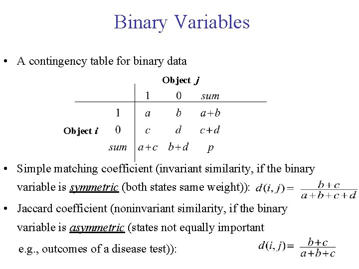 Binary Variables • A contingency table for binary data Object j Object i •