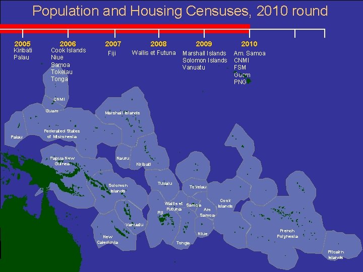 Population and Housing Censuses, 2010 round 2005 Kiribati Palau 2006 Cook Islands Niue Samoa