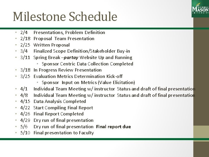 Milestone Schedule • • • 2/4 2/18 2/25 3/4 3/11 • 3/18 • 3/25