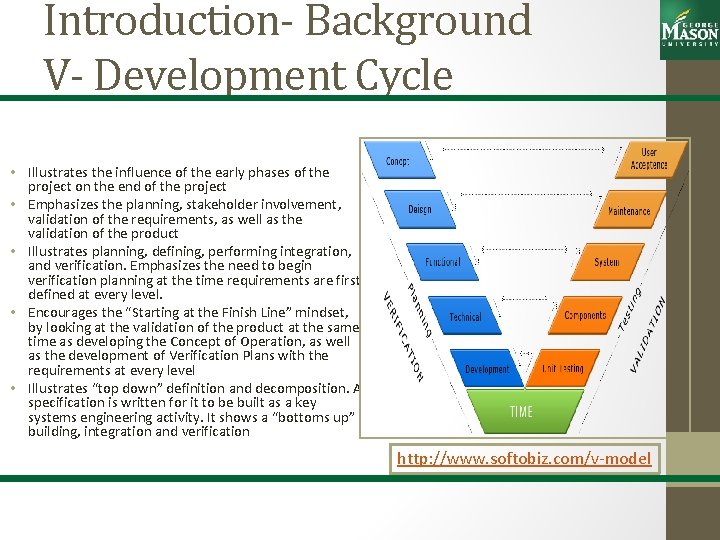 Introduction- Background V- Development Cycle • Illustrates the influence of the early phases of