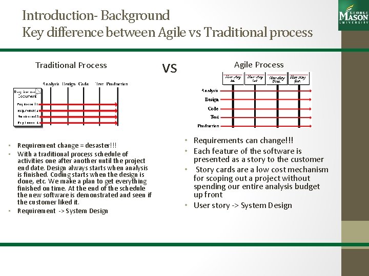 Introduction- Background Key difference between Agile vs Traditional process Traditional Process • Requirement change