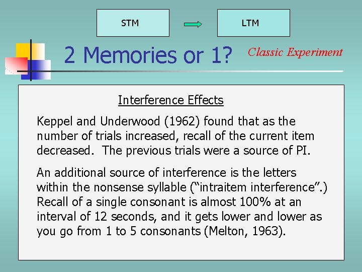STM 2 Memories or 1? LTM Classic Experiment Interference Effects Keppel and Underwood (1962) STM 2 Memories or 1? LTM Classic Experiment Interference Effects Keppel and Underwood (1962)