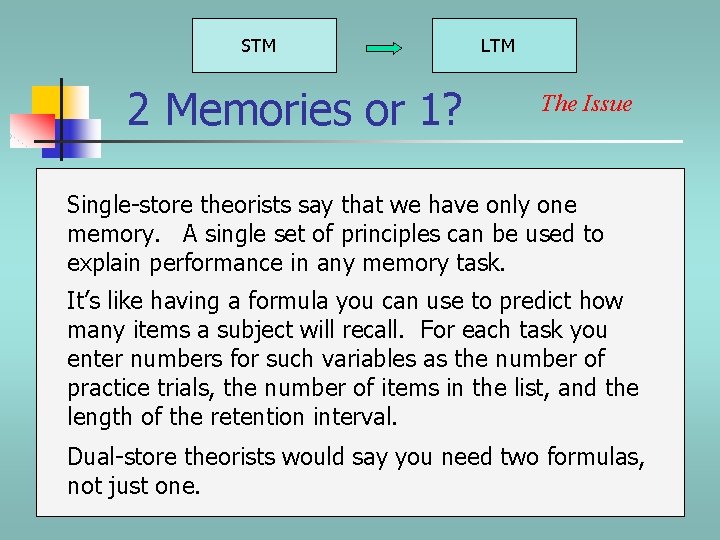 STM 2 Memories or 1? LTM The Issue Single-store theorists say that we have