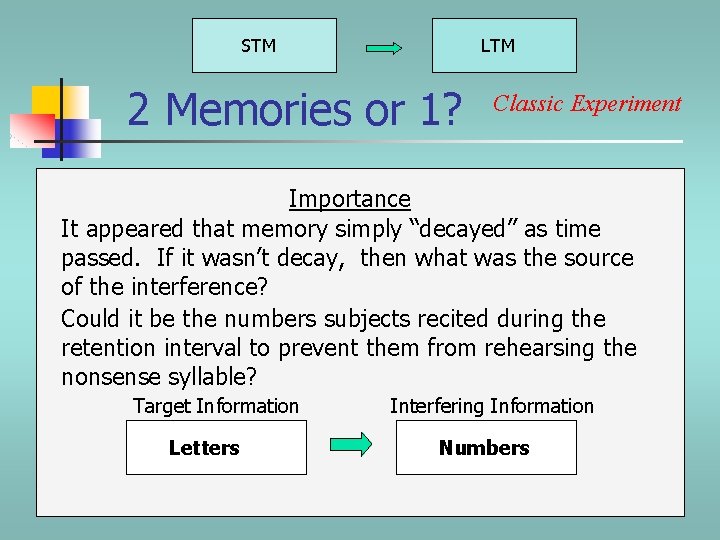 STM LTM 2 Memories or 1? Classic Experiment Importance It appeared that memory simply